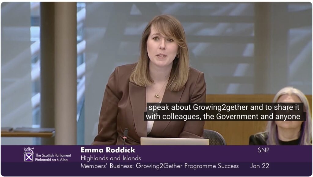 Emma Roddick addresses Parliament about Growing2gether